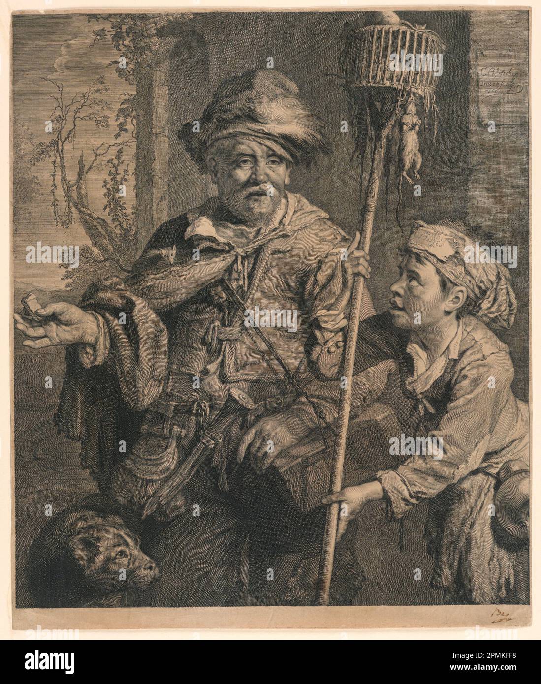 Print, The Rat Catcher, 1655; Print Maker: Cornelis Visscher (Netherlandish, 1619 or 1629 – 1662); Netherlands; engraving on paper; 37.5 × 31.2 cm (14 3/4 × 12 5/16 in.); Bequest of George Campbell Cooper; 1896-3-203 Stock Photo