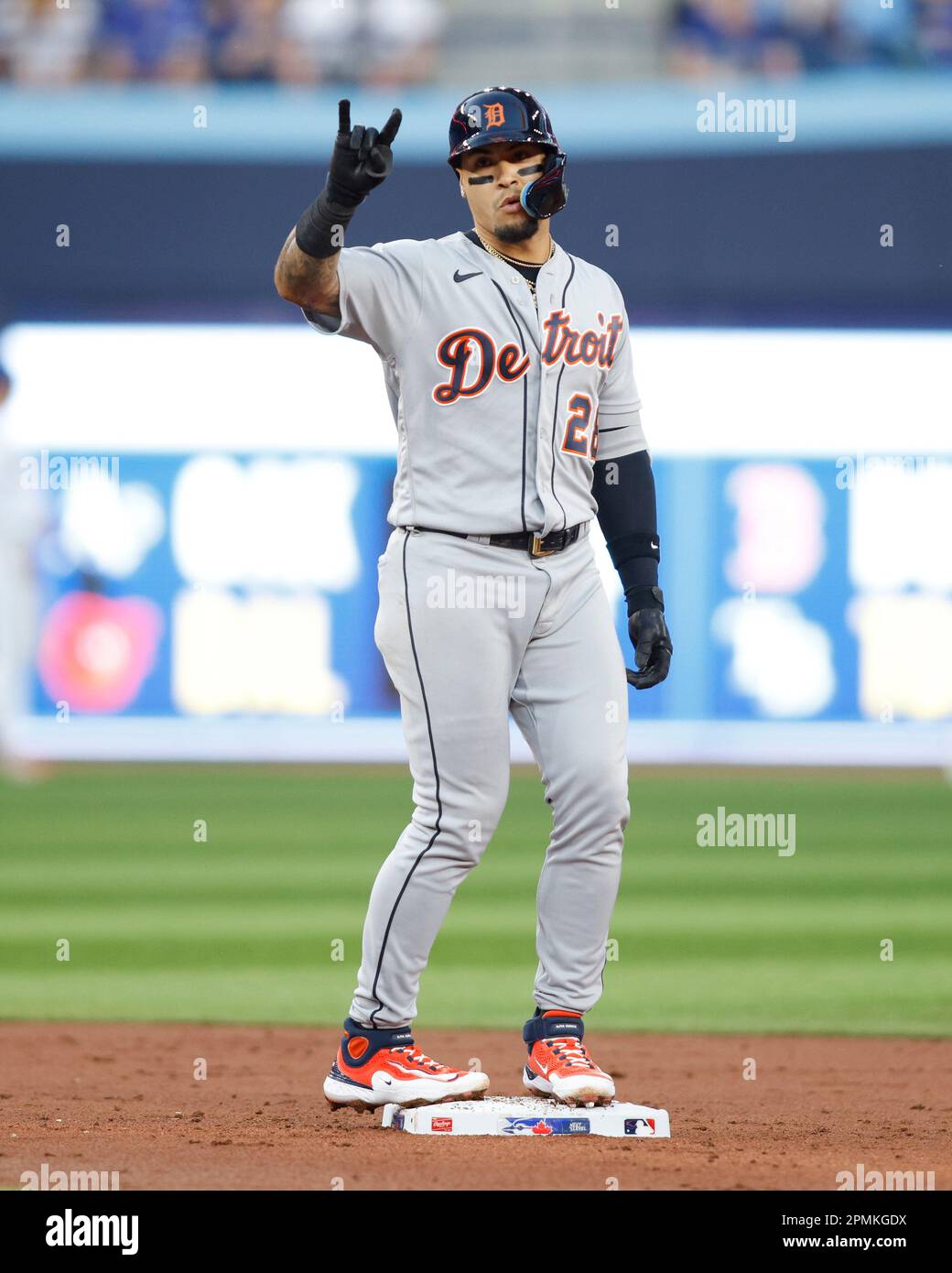 Toronto, Canada. 13th Apr, 2023. Detroit Tigers shortstop Javier Baez (28)  celebrates a double in second inning MLB American League baseball action  against the Toronto Blue Jays in Toronto on Thursday, April