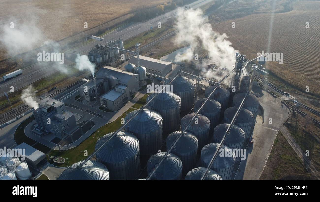 Grain elevator. Granary. Large metal structure grain elevator. Storage