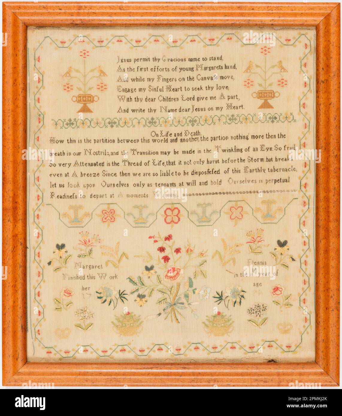 Sampler (England); Embroidered by Margaret Dennis; silk embroidery on linen foundation; Frame H x W: 44.5 x 38.7 cm (17 1/2 x 15 1/4 in.) Stock Photo