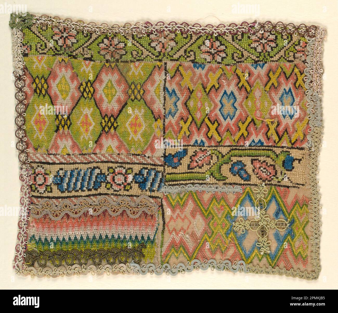 Sampler (Germany); silk and metal thread embroidery, linen foundation; Warp x Weft: 34 x 41 cm (13 3/8 x 16 1/8 in.); Bequest of Mrs. Henry E. Coe; 1941-69-110 Stock Photo