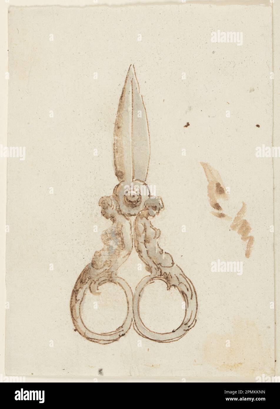 Drawing, A Pair of Scissors with Handles Formed by Half-figures of Women with Rinceaux as Legs; Italy; pen and ink, brush and gray wash on heavy off-white paper; 14.5 x 10.5 cm (5 11/16 x 4 1/8 in.) Stock Photo