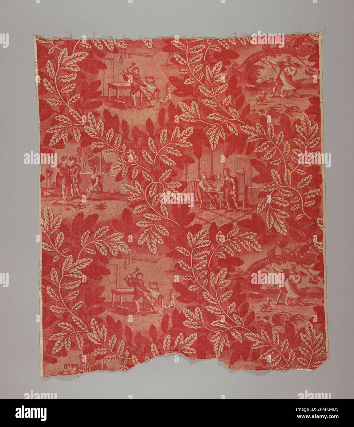 Textile, Fables of Fontaine; France; cotton; Warp x Weft: 93 x 79 cm (36 5/8 x 31 1/8 in.) Repeat H: 56.5 cm (22 1/4 in.) Width of roller: 77 cm (30 1/4 in.); Bequest of Elinor Merrell; 1995-50-166 Stock Photo