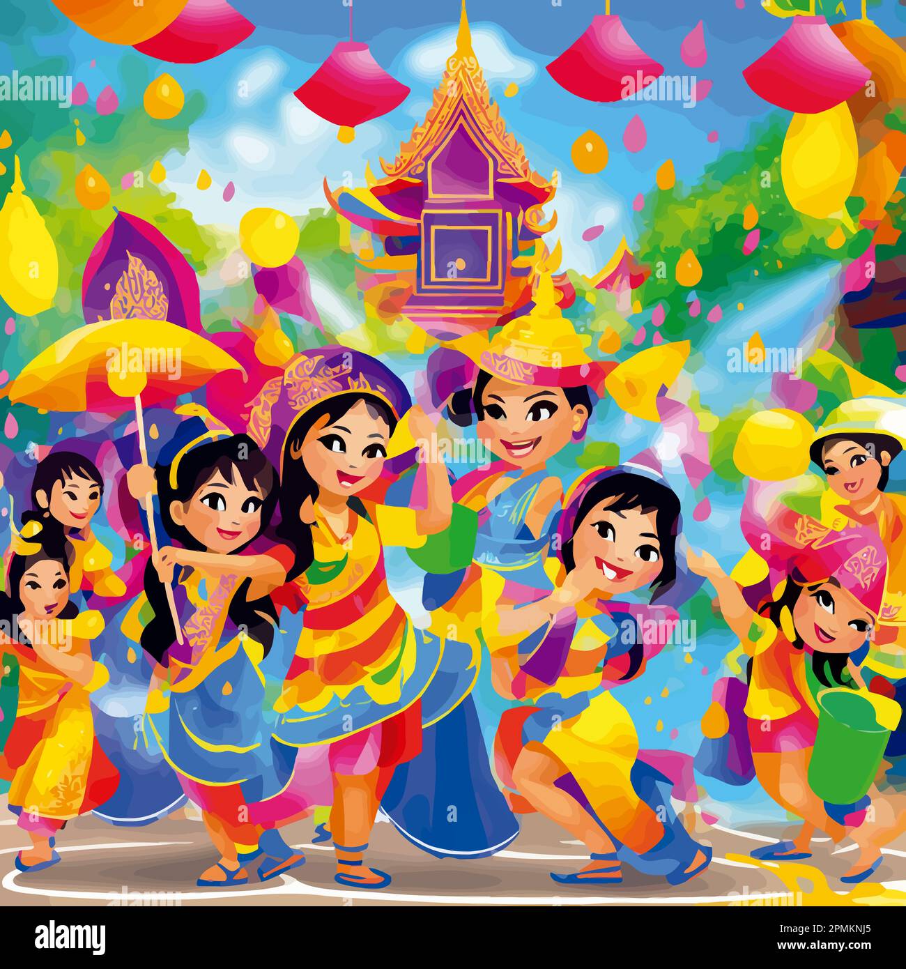 Songkran splashing water on each other with buckets, water guns, or