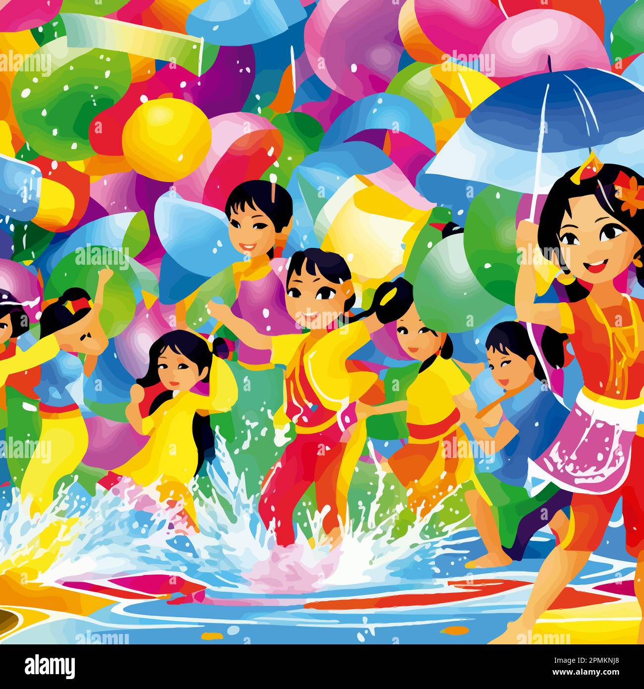 Songkran splashing water on each other with buckets, water guns, or