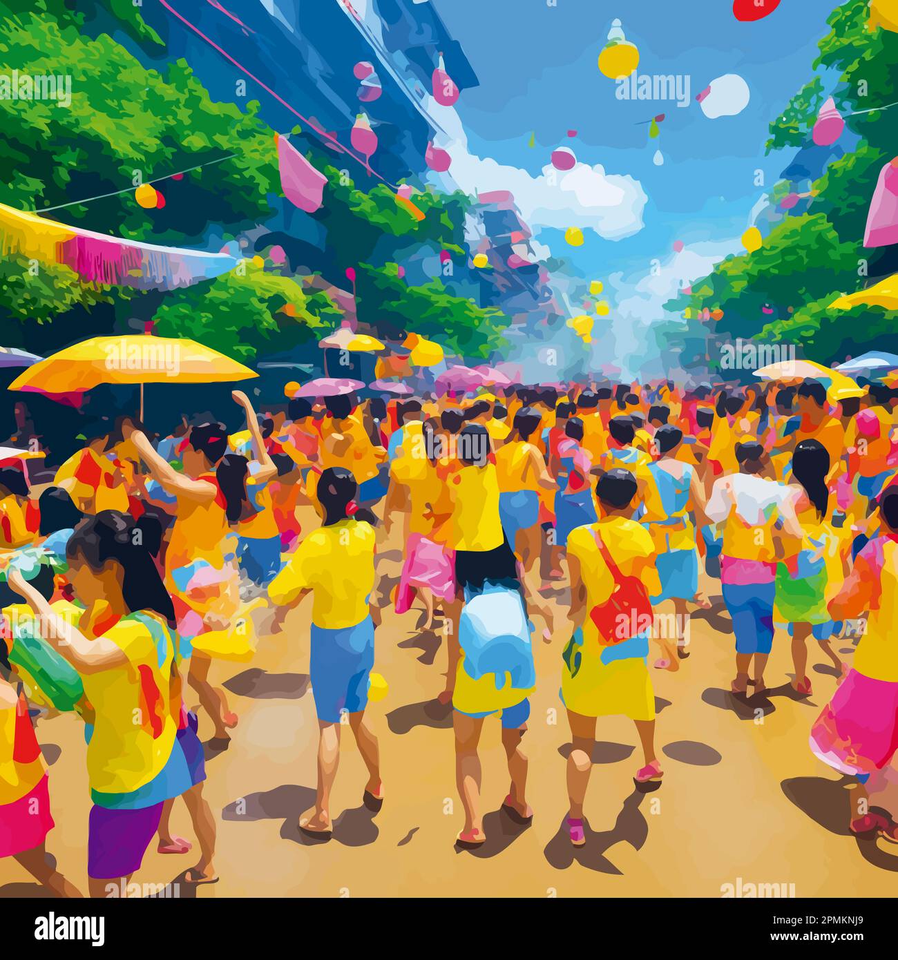 Songkran splashing water on each other with buckets, water guns, or