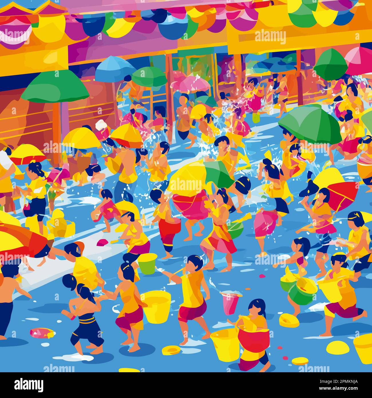 Songkran splashing water on each other with buckets, water guns, or