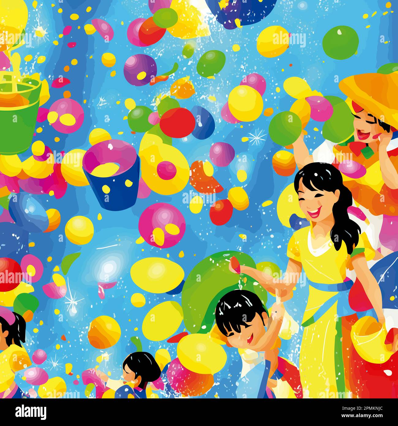 Songkran splashing water on each other with buckets, water guns, or