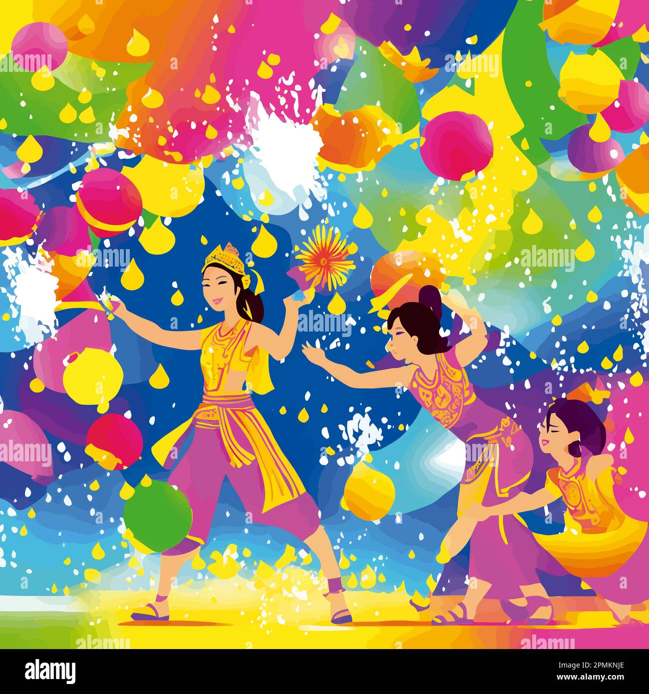 Songkran splashing water on each other with buckets, water guns, or