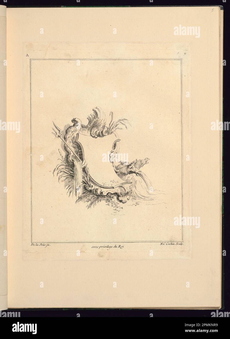 Print, Design for Cartouche Evoking the Sea; Designed by Jacques de Lajoüe (French, 1687–1761); Engraved by Charles Nicolas Cochin the younger (1715 - 1790); France; engraving on white laid paper; Platemark: 25.5 x 19 cm (10 1/16 x 7 1/2 in.) Sheet: 33.3 x 24.4 cm (13 1/8 x 9 5/8 in.), print is tipped into sheet Stock Photo