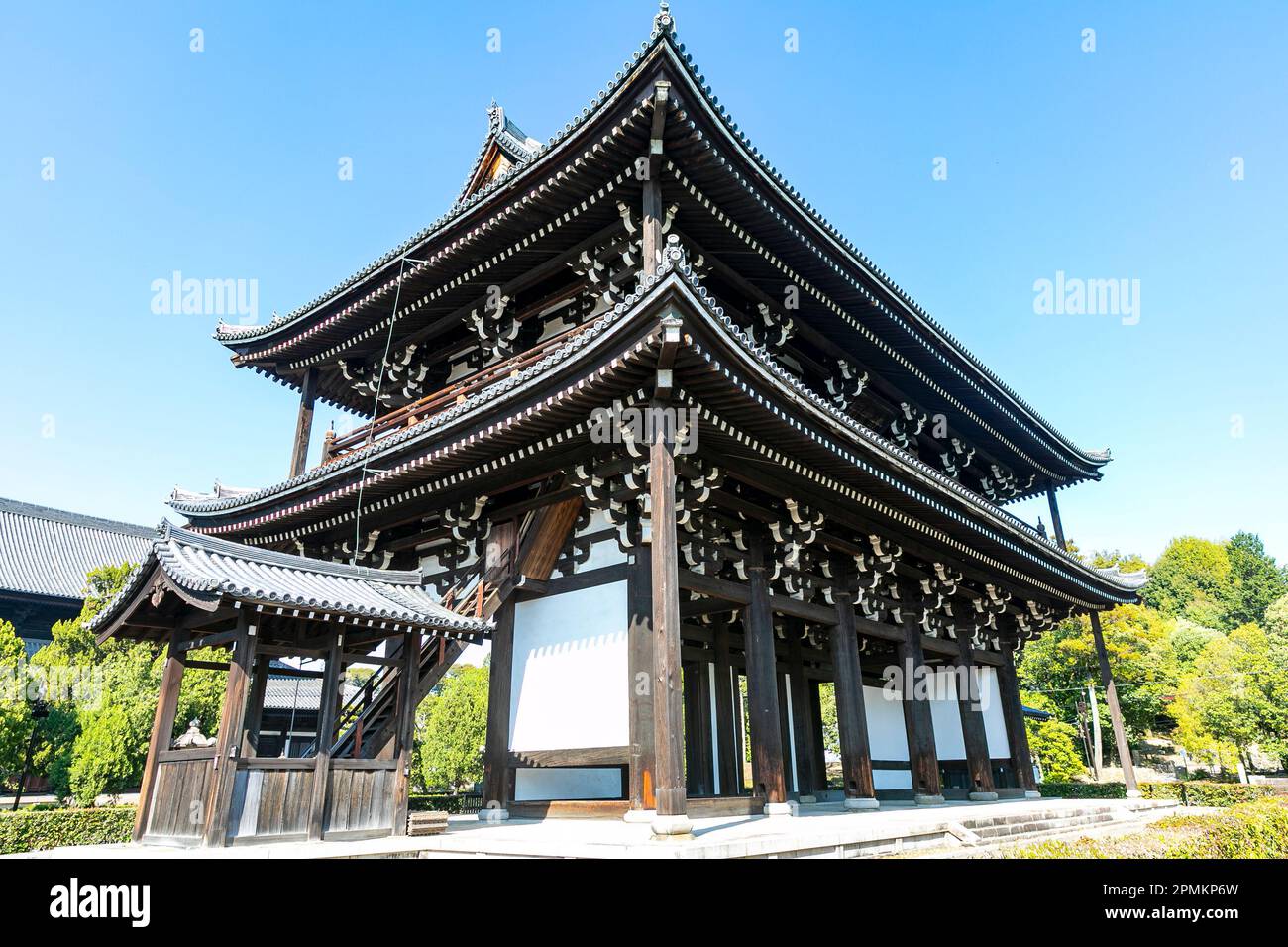 Kyoto April 2023, Tofuku-Ji buddhist temple structure in Kyoto city against a blue sky, Japan,Asia Stock Photo