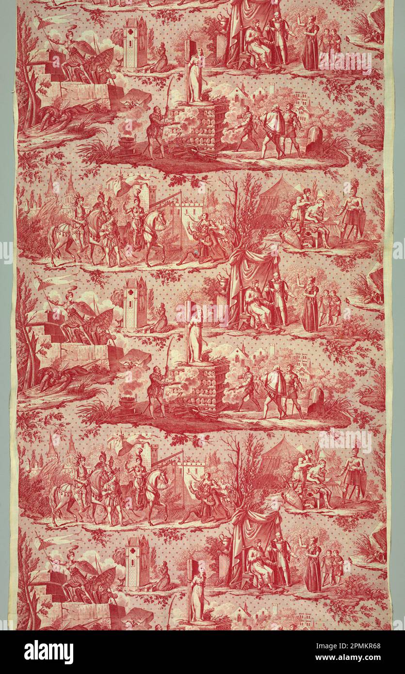 Textile, Jeanne d'Arc; Designed by Charles Abraham Chasselat (French, 1782 – 1843); Manufactured by Hartmann et Fils (France); France; cotton; Warp x Weft (a): 210.8 x 86.4 cm (6 ft. 11 in. x 34 in.) Warp x Weft (i): 149.9 x 86.4 cm (59 x 34 in.) Repeat H (straight): 61 cm (24 in.) H x W (b): 232.5 x 69 cm (7 ft. 7 9/16 in. x 27 3/16 in.) H x W (c): 176.6 x 87.6 cm (5 ft. 9 1/2 in. x 34 1/2 in.) H x W (d): 217.3 x 69 cm (7 ft. 1 9/16 in. x 27 3/16 in.) H x W (e): 223.6 x 69 cm (7 ft. 4 1/16 in. x 27 3/16 in.); Bequest of Richard Cranch Greenleaf in memory of his mother, Adeline Emma Greenleaf; Stock Photo