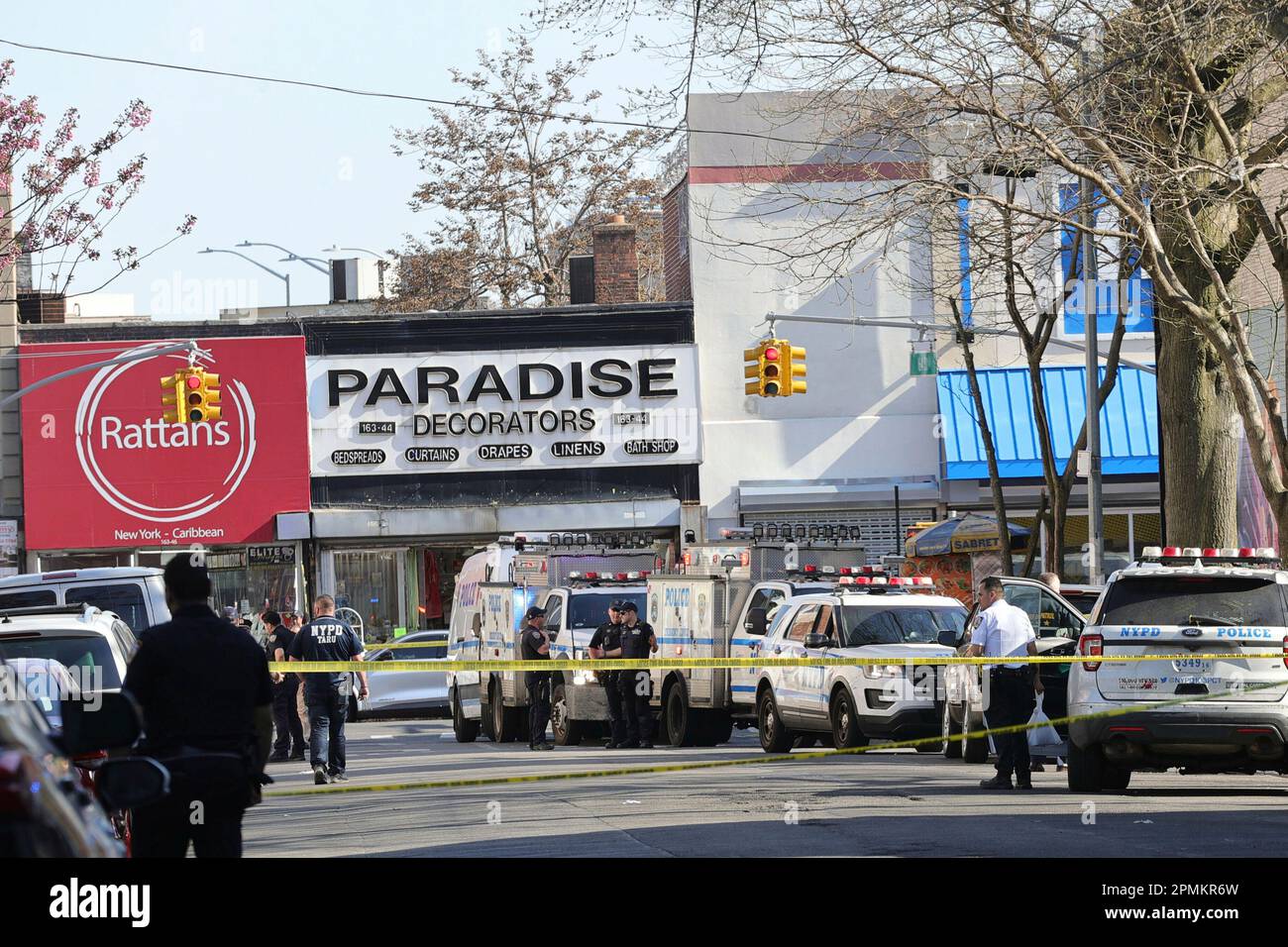 Jamaica, Queens, New York, USA, April 13, 2023 Police shot a knife