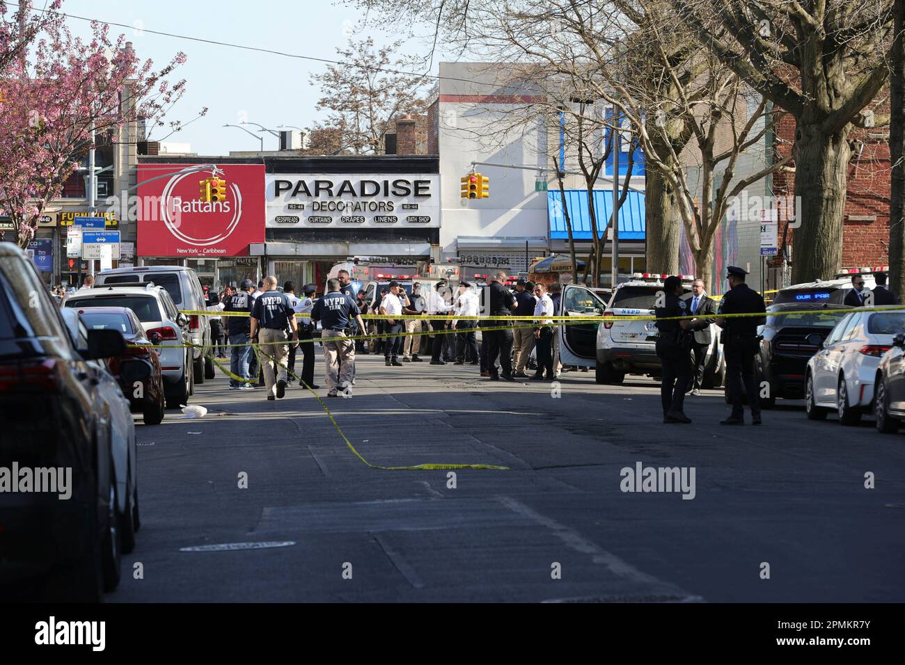 Jamaica, Queens, New York, USA, April 13, 2023 Police shot a knifewielding man after he
