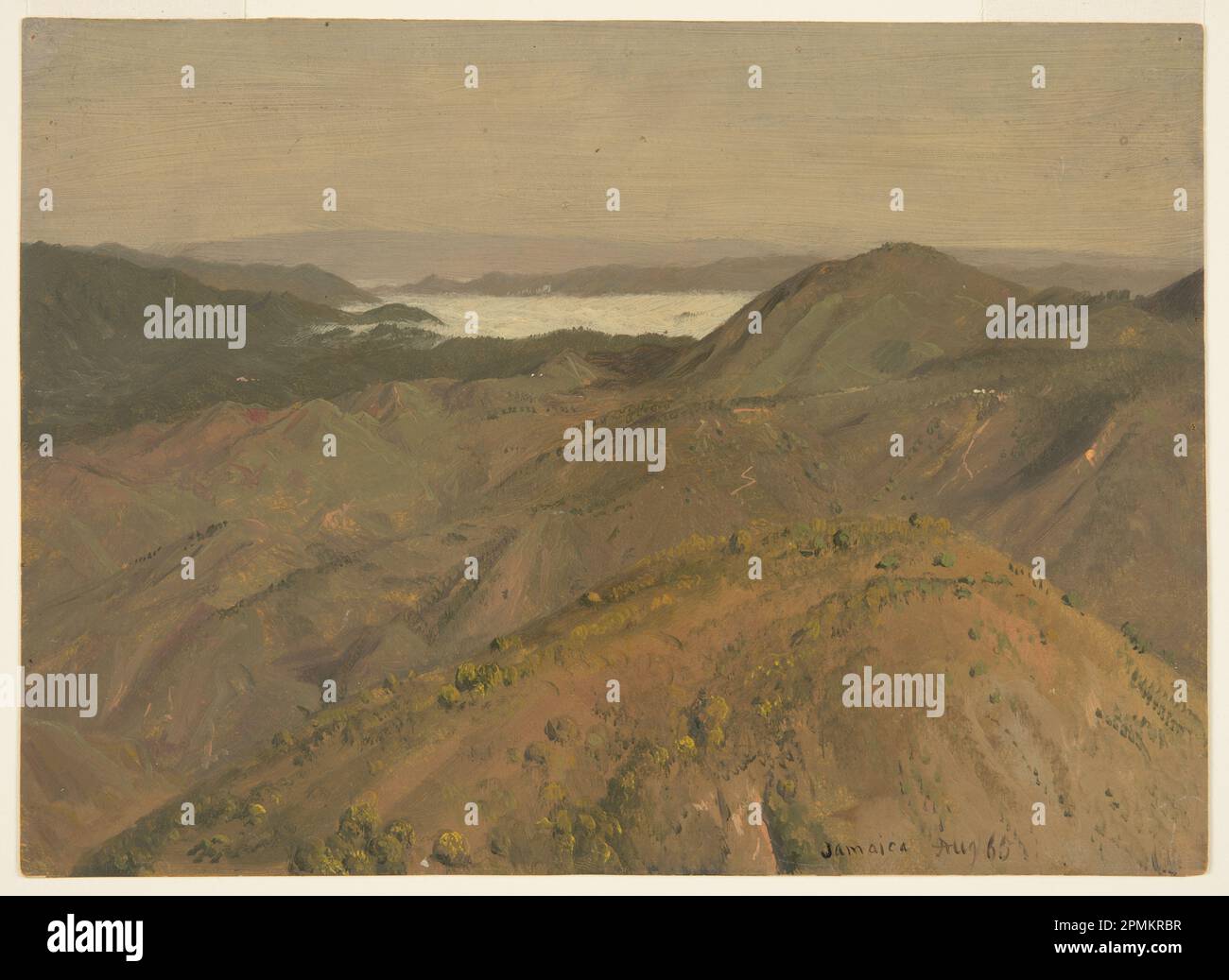 Drawing, Distant View over Hilltops; Frederic Edwin Church (American, 1826–1900); USA; graphite, oil on paperboard with orange back; Height 22 x Width 30.5 cm Stock Photo