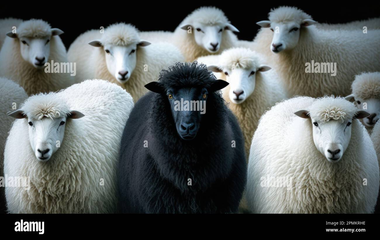 A black sheep surround with normal white sheep metaphor to be