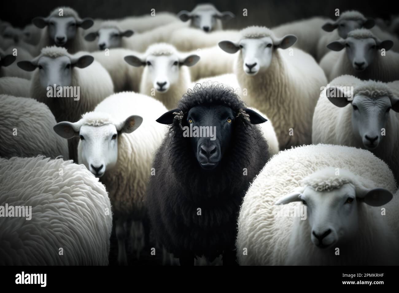 A black sheep surround with normal white sheep metaphor to be