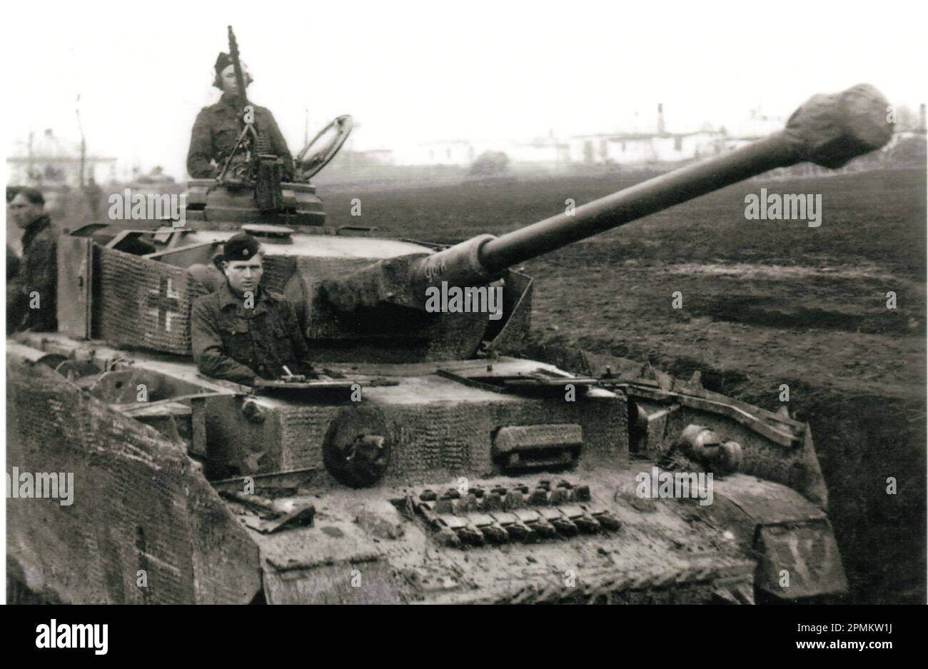World War Two B&W photo German Panzer lV with Side Skirting on the Russian Front 1944. The German Tank is part of the 9th SS Panzer Division Hohenstaufen near Tarnopol Stock Photo