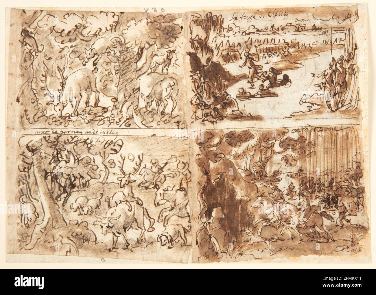 Drawing, Deer attacked by Lynxes [above left]; Deer Hunt with Hounds Tracking [below left]; Cloelia and her Companions escape Porsena's Camp [above right]; Aeneas and Dido Shelter in a Cave [below right]; Jan van der Straet, called Stradanus (Flemish, 1523–1605); Engraved by Hans Collaert II (Flemish, 1560 - 1628); Published by Philips Galle (Flemish, 1537 - 1612); Subject: Petrus Angelius Bargaeus (Italian, 1517 – 1596), Pseudo-Oppian (Greco-Syrian, active 212 – 217); Netherlands; pen and brown ink, brush and wash on two joined sheets of laid paper Stock Photo
