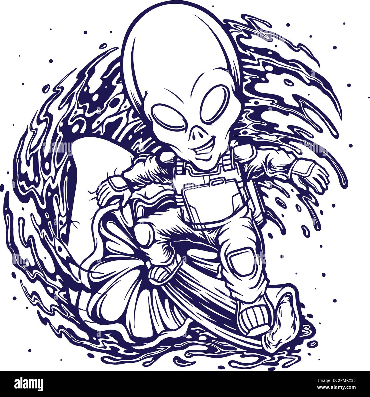 Astronaut alien surfing with psychedelic magic mushrooms mascot illustrations monochrome vector for your work logo, merchandise t-shirt, stickers Stock Vector