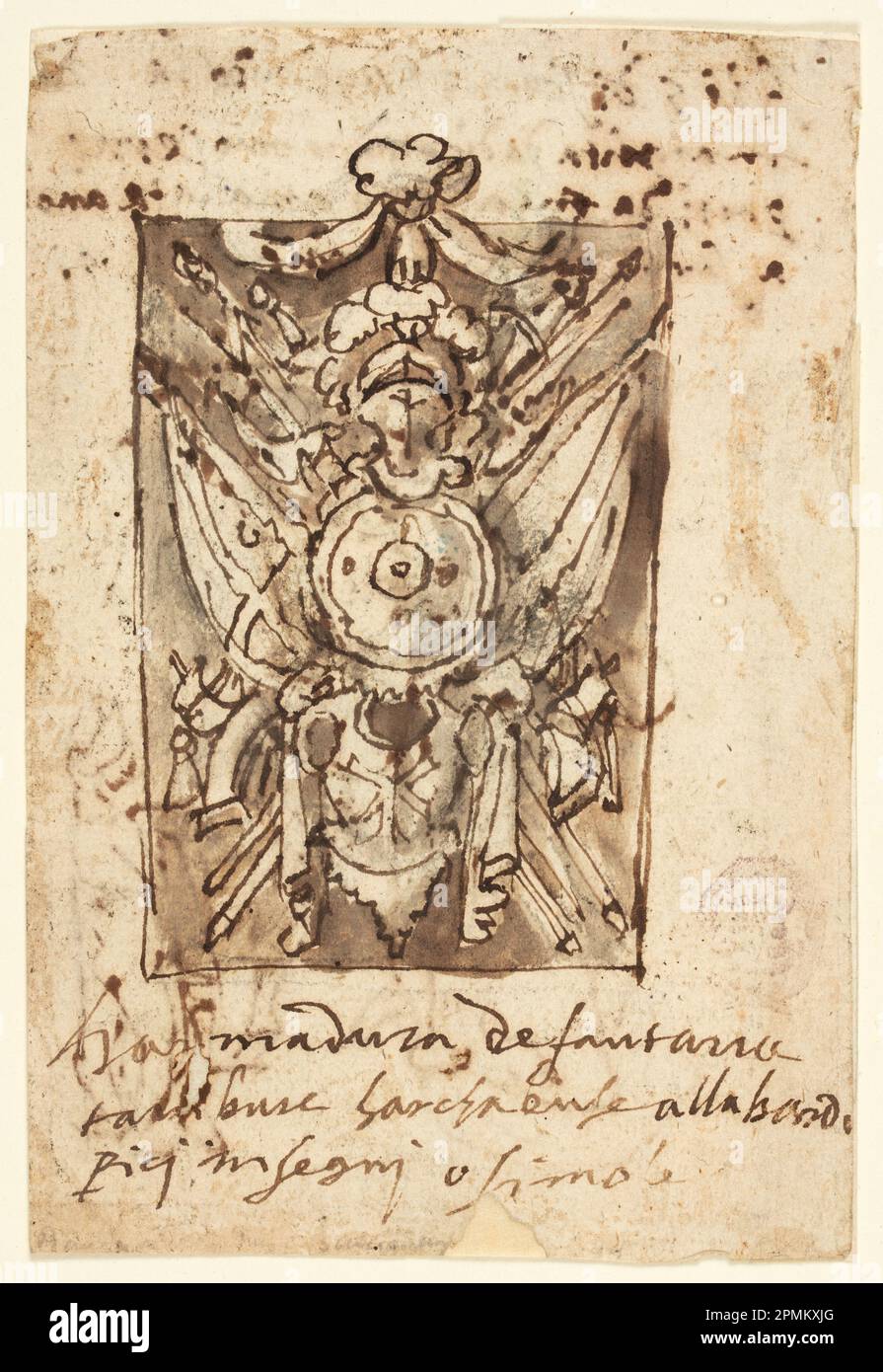 Drawing, Military Trophy; Jan van der Straet, called Stradanus (Flemish, 1523–1605); Netherlands; pen and ink, brush and brown wash on paper; 14.4 × 9.7 cm (5 11/16 × 3 13/16 in.) Stock Photo