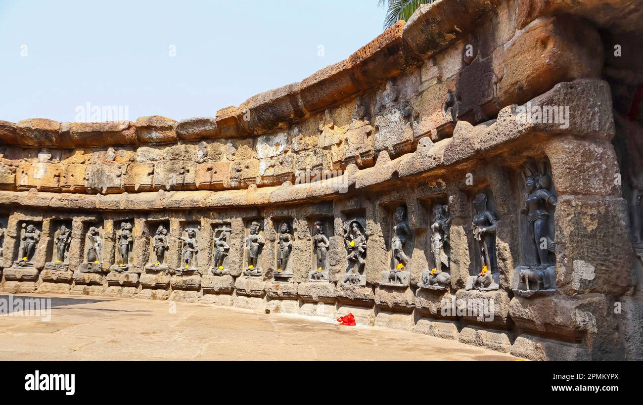 Yogini temple with idols on the Chausath Yogini Temple, Hirapur, Bhubaneshwar, Odisha, India. Stock Photo