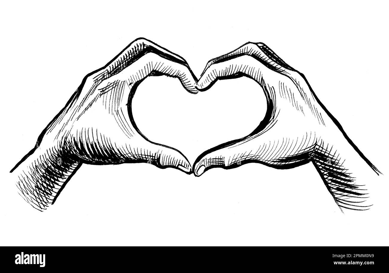 Hands shaping heart. Ink black and white drawing Stock Photo Alamy
