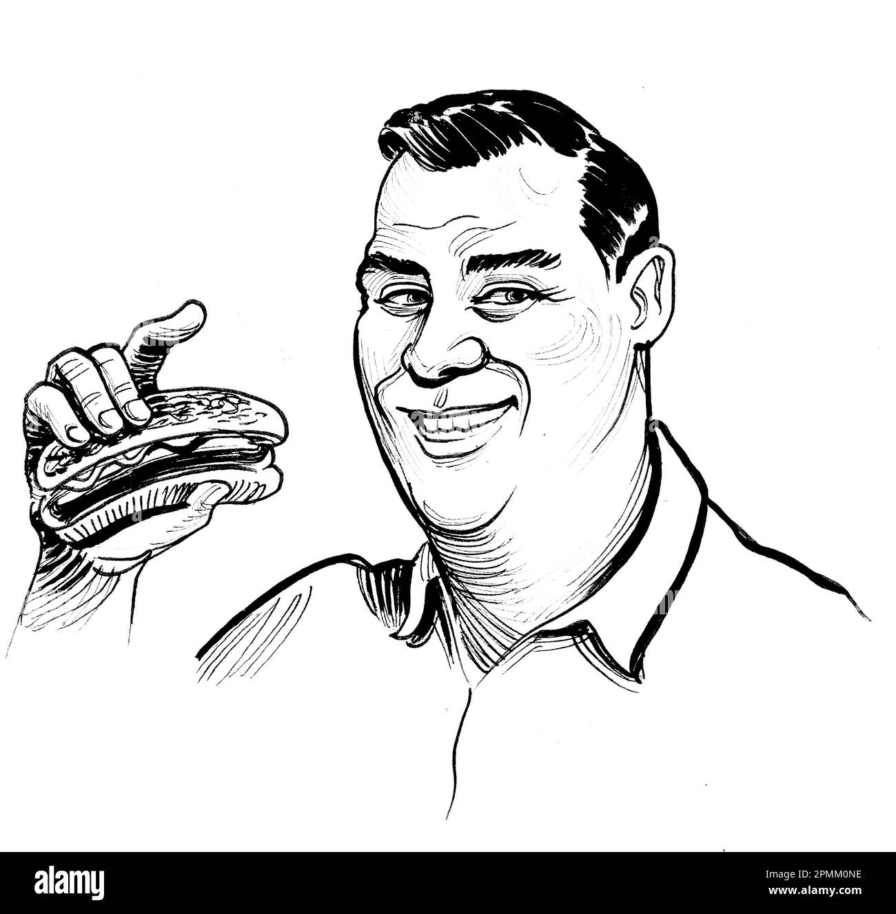 Happy man eating a hot dog. Retro styled handdrawn ink black and white