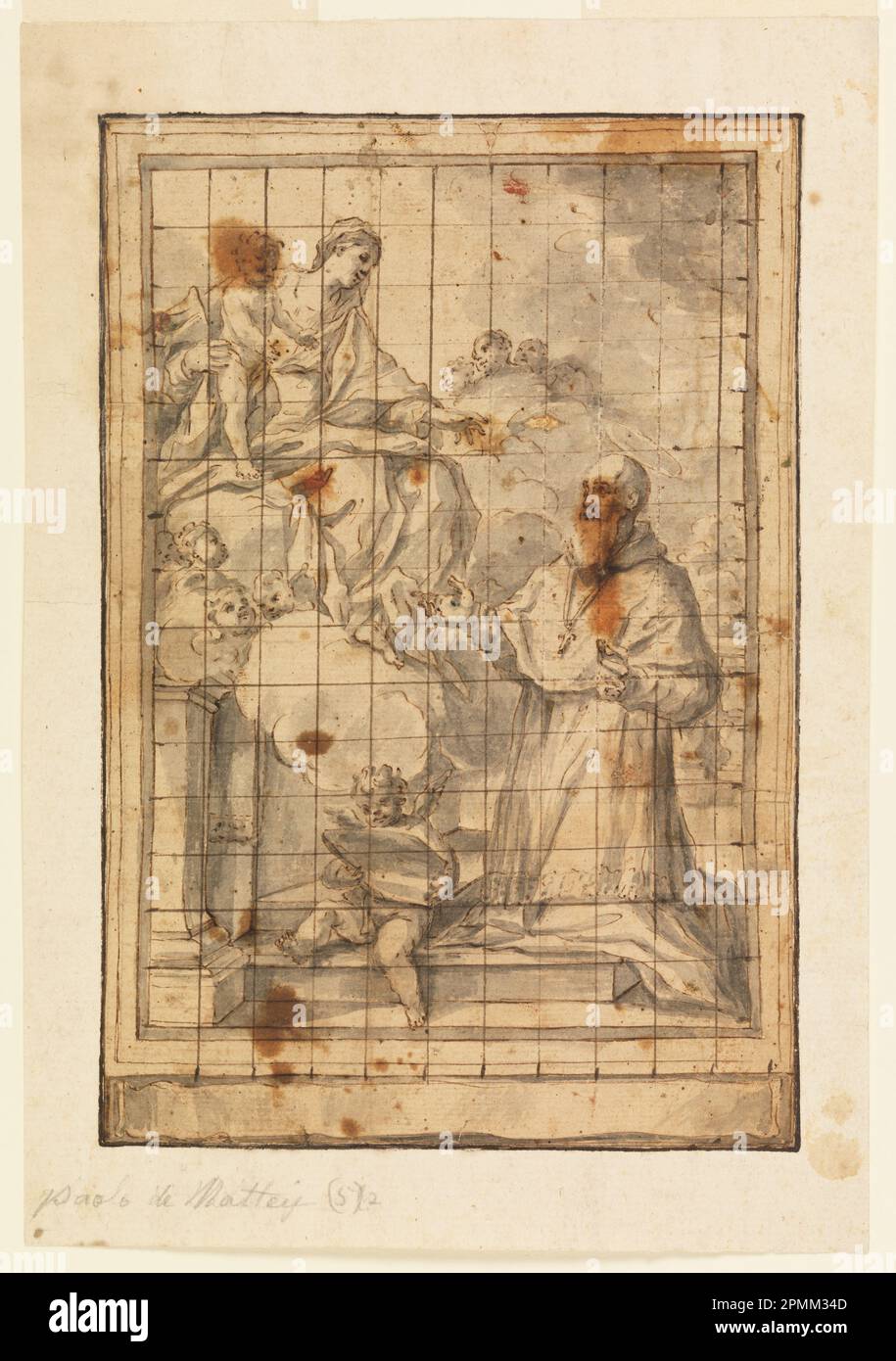 Drawing, Virgin and child in glory; Paolo de Mattheis (Italian, 1662 - 1728); Italy; pen and brown ink, gray wash, squared in brown ink, laid down; 25.5 x 17 cm (10 1/16 x 6 11/16 in.) Mount: 30.5 x 21 cm Stock Photo