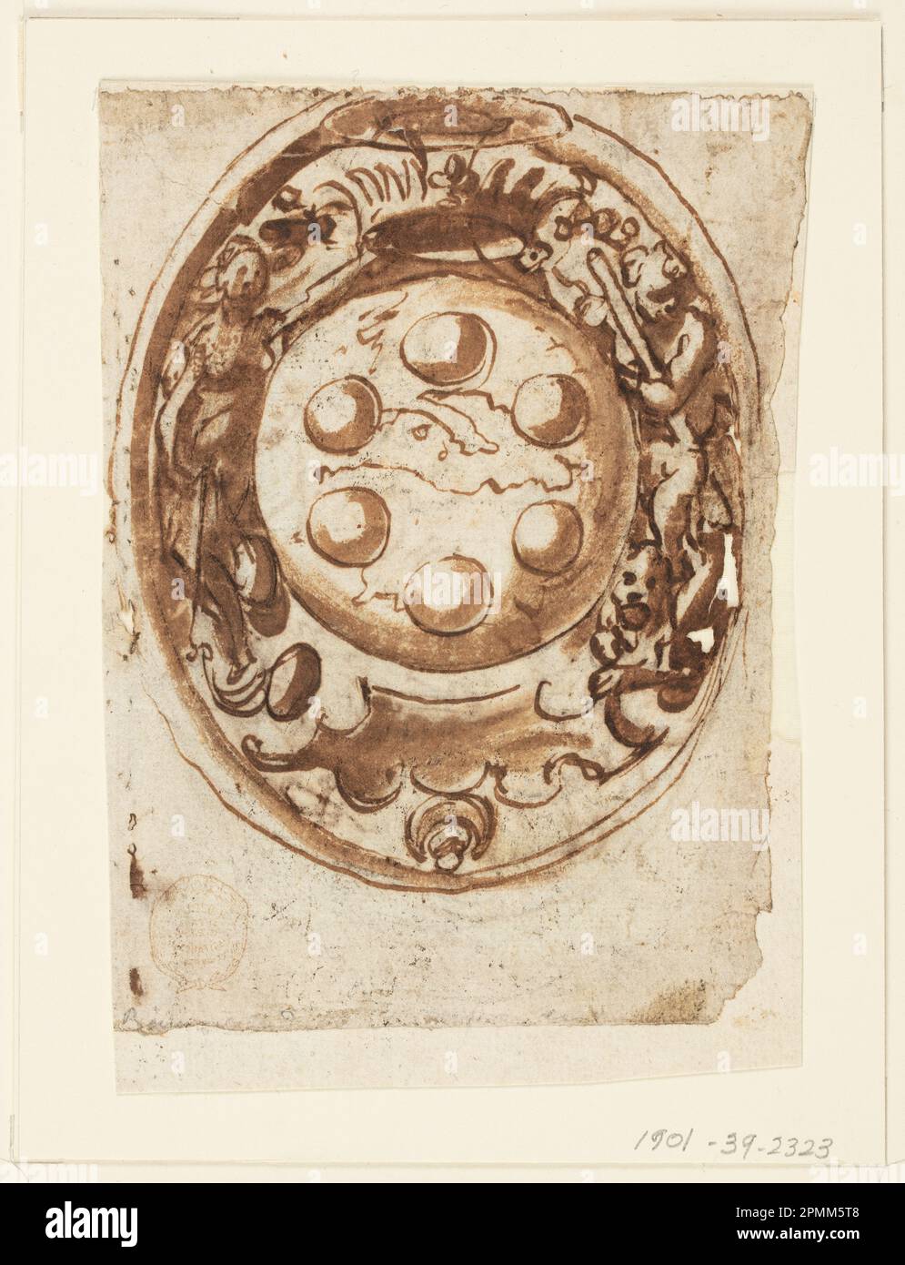 Drawing, Escutcheon with arms of Ferdinand I de' Medici, Cardinal and Grand Duke of Tuscany; Jan van der Straet, called Stradanus (Flemish, 1523–1605); Netherlands; recto: pen and ink, brush and brown wash over black chalk on laid paper verso: pen and ink over black chalk on laid paper; 14.7 × 11.1 cm (5 13/16 × 4 3/8 in.) Stock Photo