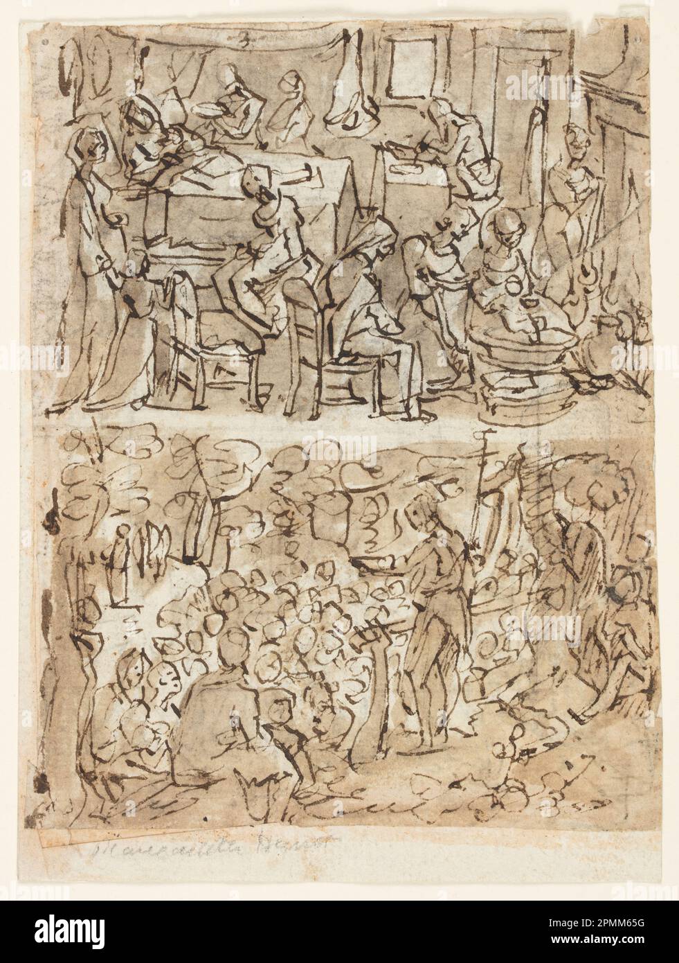 Drawing, The Birth of John [above]; John Preaching in the Wilderness [below]; Jan van der Straet, called Stradanus (Flemish, 1523–1605); Engraved by Hans Collaert II (Flemish, 1560 - 1628); Published by Theodor Galle; Italy; pen and ink, brush and wash over black chalk on paper; 14.3 x 11.2 cm (5 5/8 x 4 7/16 in.) Stock Photo