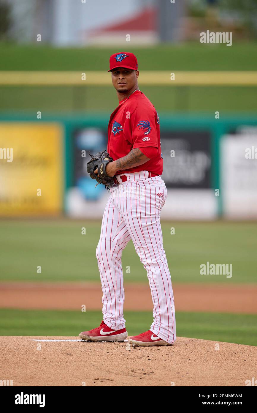 Clearwater Threshers pitcher Starlyn Castillo (18) during an MiLB Florida  State League baseball game against the Fort Myers Mighty Mussels on April  12, 2023 at BayCare Ballpark in Clearwater, Florida. (Mike Janes/Four