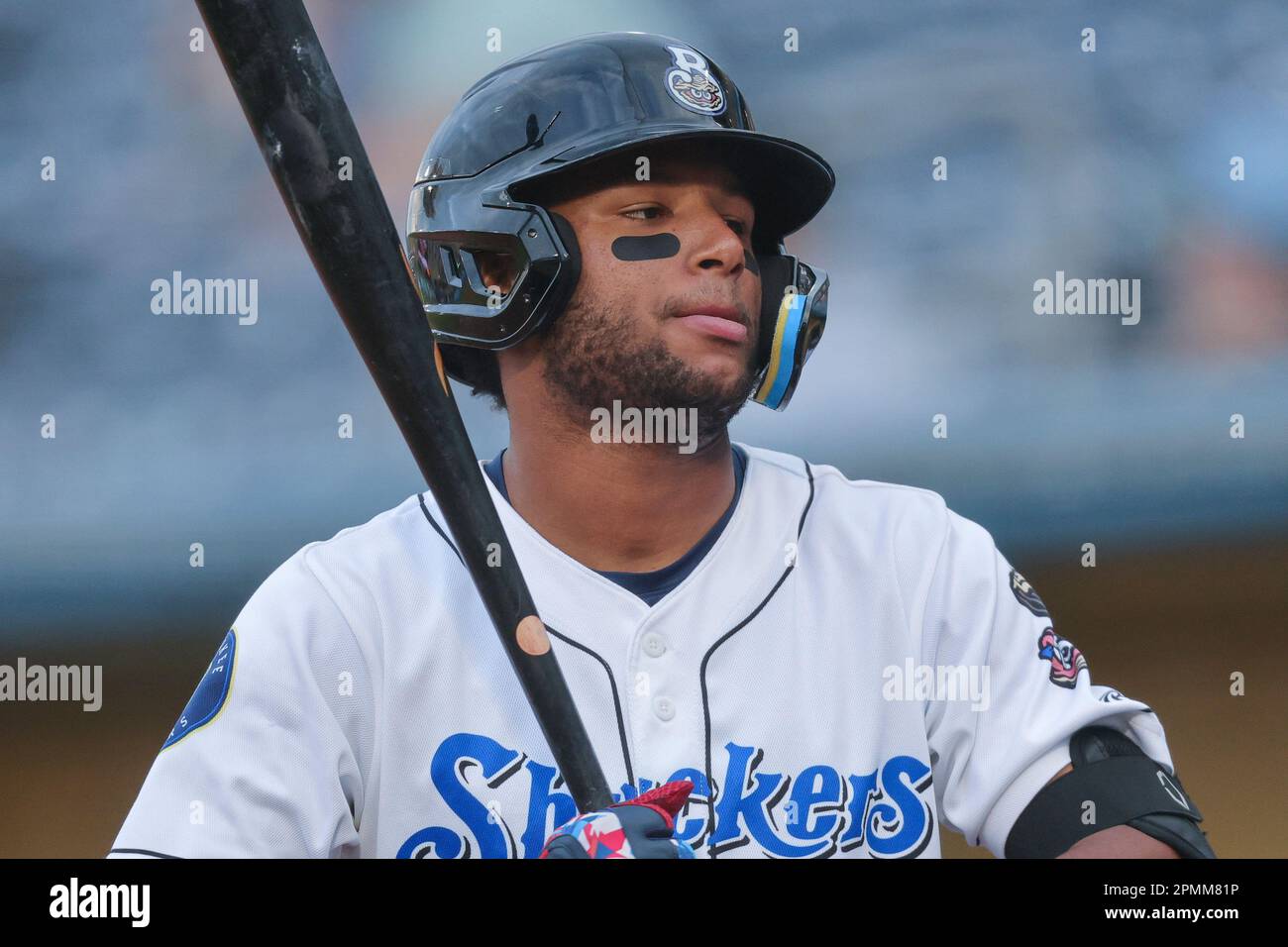 April 13, 2023: Biloxi Shuckers outfielder Jackson Chourio (11) on deck  during the first game of an MiLB double header between the Biloxi Shuckers  and Pensacola Blue Wahoos at MGM Park in