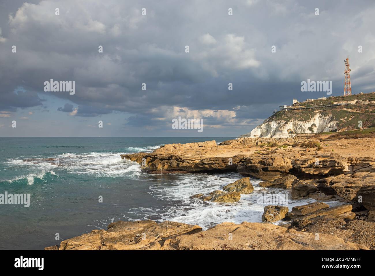 Coast of the mediterranean sea in the north of Israel with beautiful clouds Stock Photo