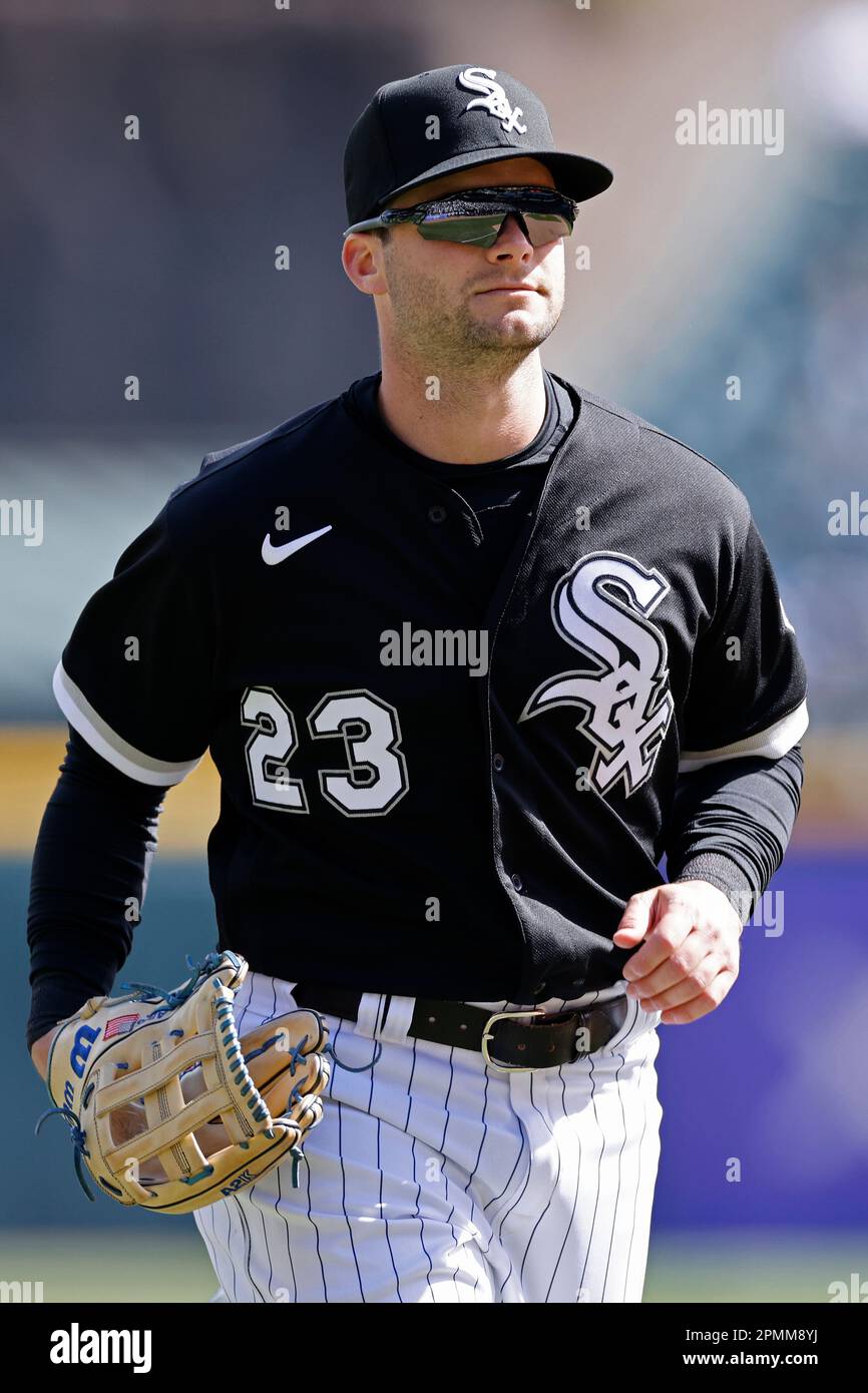 CHICAGO, IL - APRIL 06: Chicago White Sox left fielder Andrew Benintendi  (23) heads to the dugout in between innings during an MLB game against the  San Francisco Giants on April 06