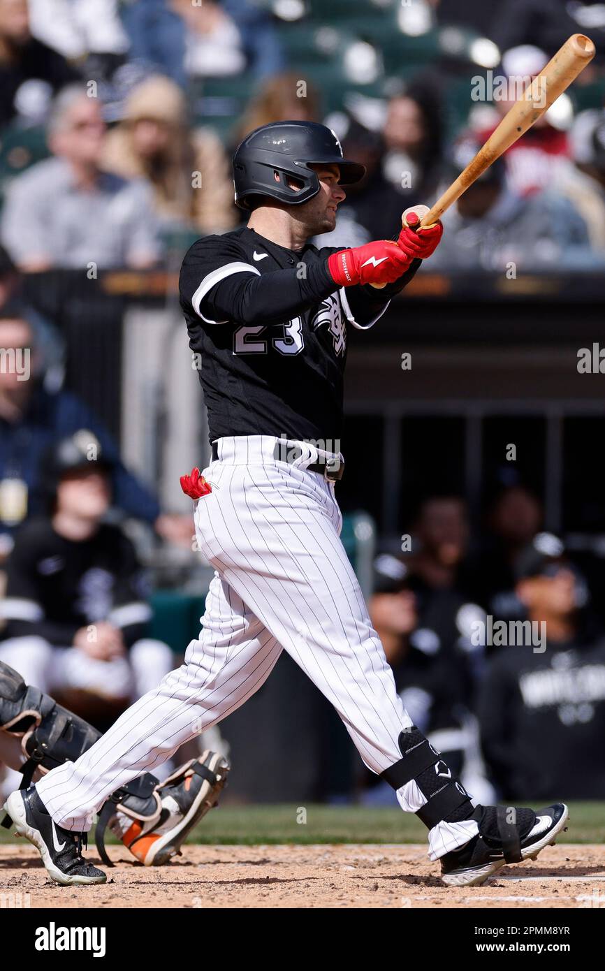 CHICAGO, IL - APRIL 06: Chicago White Sox left fielder Andrew Benintendi  (23) bats during an MLB game against the San Francisco Giants on April 06,  2023 at Guaranteed Rate Field in
