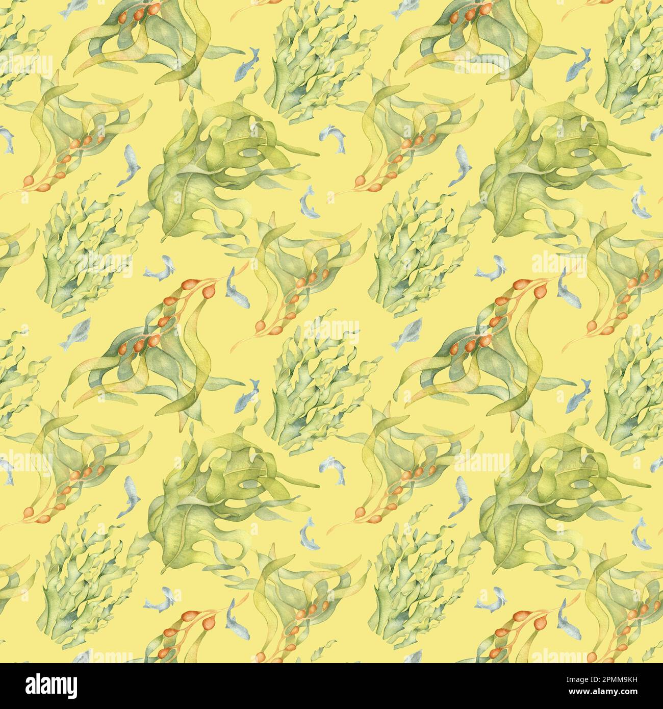 Seamless pattern of colorful sea plants watercolor illustration isolated on yellow. Laminaria, kelp, herb seaweeds hand drawn. Design for background, Stock Photo