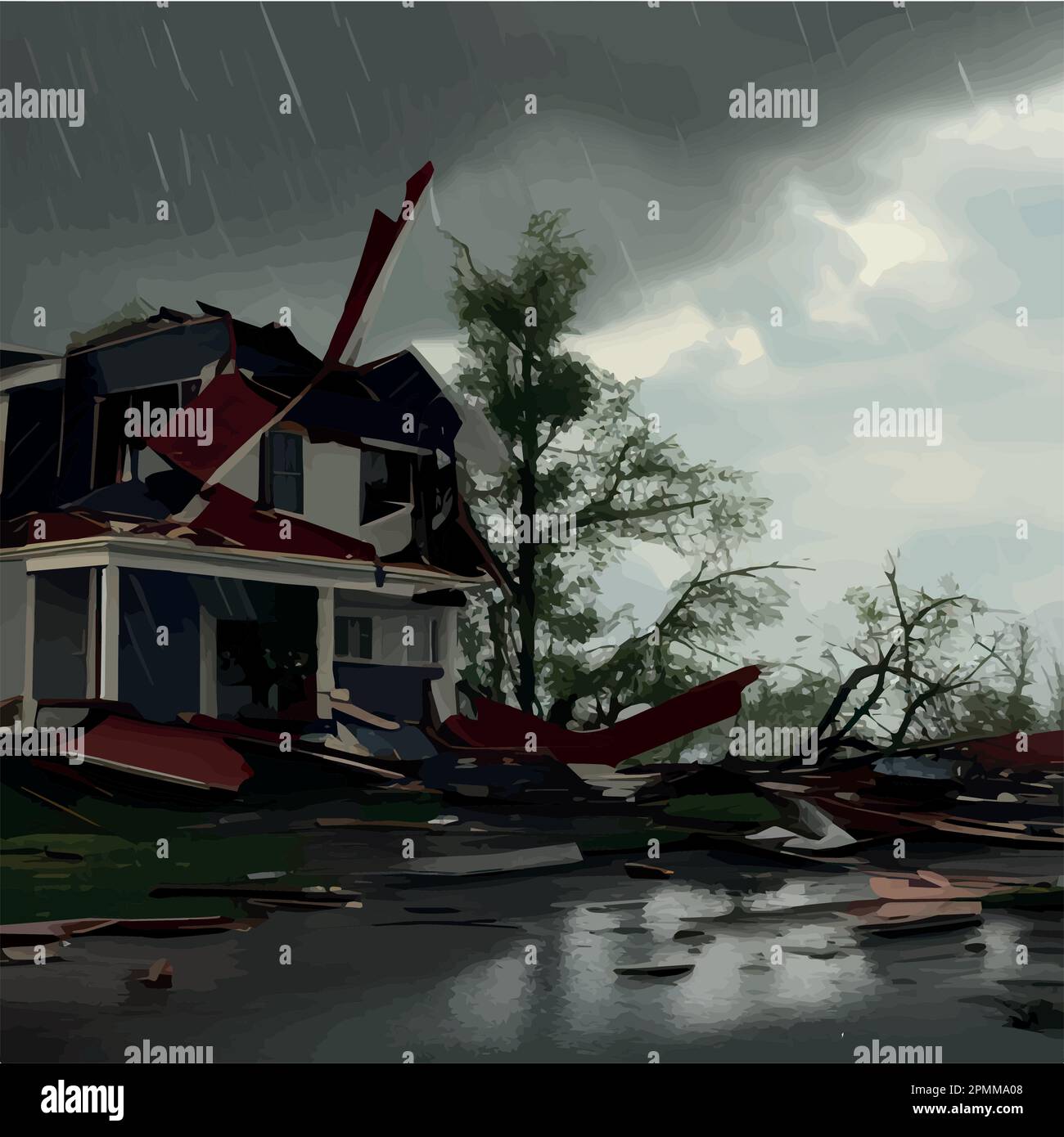 Big storm producing tornado causing destruction, destroyed houses dark