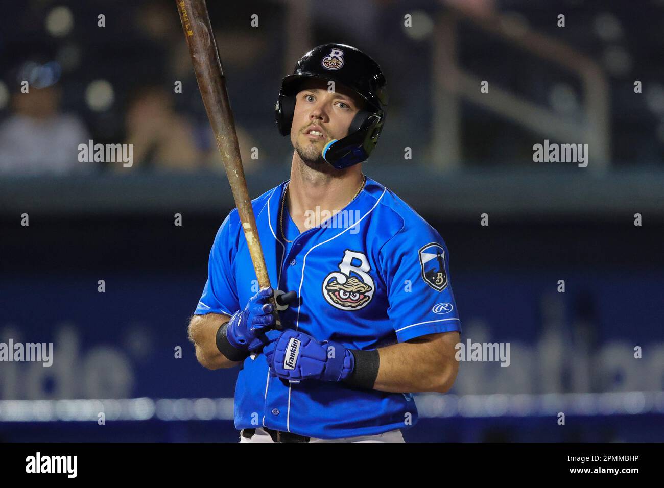 April 13, 2023: Biloxi Shuckers outfielder Jackson Chourio (11) on deck  during the first game of an MiLB double header between the Biloxi Shuckers  and Pensacola Blue Wahoos at MGM Park in