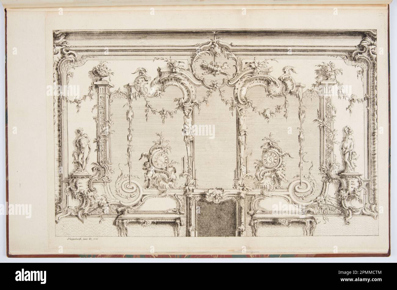 Print, Elevation of an Interior with Chimneypiece; Designed by Johann Michael Hoppenhaupt II (German, 1709–ca. 1778); Print Maker: I. W. Meil (German); Germany; etching and engraving on white laid paper tipped into cream laid paper; Sheet: 40.6 x 64.3 cm (16 in. x 25 5/16 in.) Platemark: 39.8 x 57.2 cm (15 11/16 x 22 1/2 in.), irregular Stock Photo