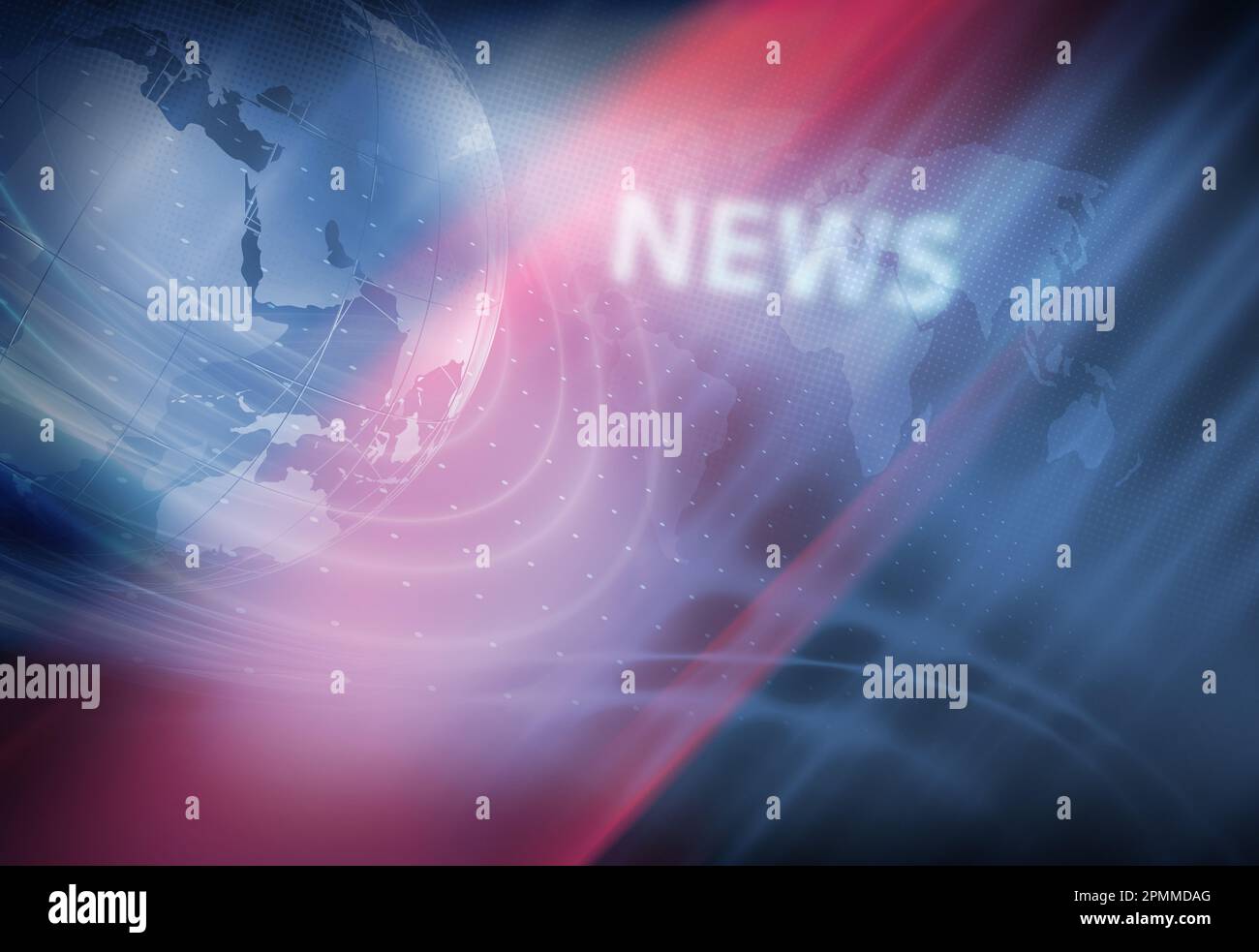 An illuminated world map featuring blue and red lighting with the word