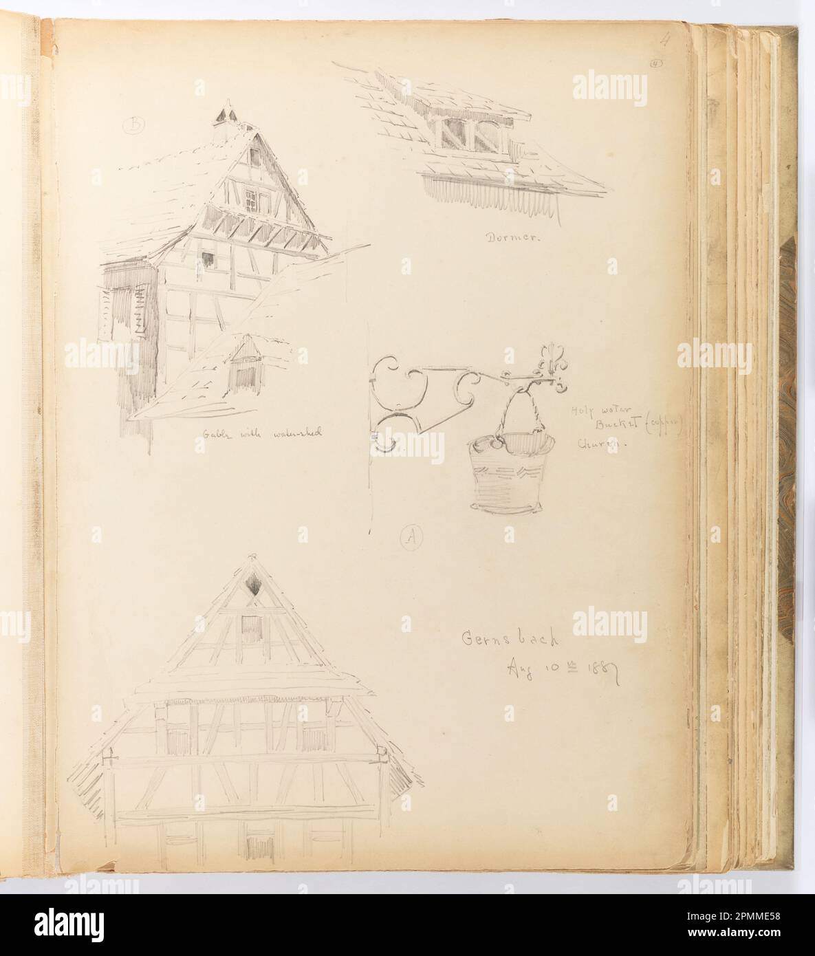 Album Page, Four Sketches: Gables, Dormer, and Holy Water Bucket, Gernsbach, Germany; Whitney Warren Jr. (American, 1864–1943); Germany; graphite on cream paperboard tipped into binding with fabric; 31.8 x 23.9 cm (12 1/2 x 9 7/16 in.), irregular Stock Photo