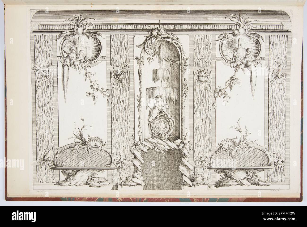 Print, Elevation of Interior with Clock over a Chimneypiece; Designed by Johann Michael Hoppenhaupt II (German, 1709–ca. 1778); Print Maker: I. W. Meil (German); Germany; etching and engraving on white laid paper; 57.7 x 40.3 cm (22 11/16 x 15 7/8 in.) Stock Photo