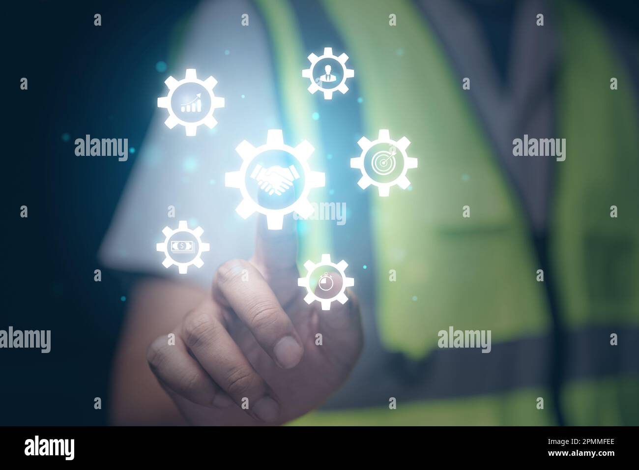 worker with work planning. partner and cooperation icon showing on screen. Stock Photo