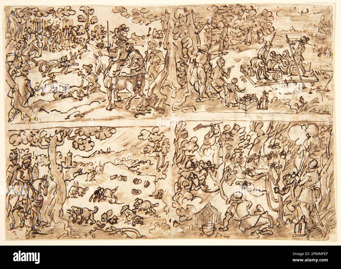 Drawing, Rabbit Hunt [above left]; Fishing by Night [above right]; The Catching of Nightowls [recto, below right]; King of England Hunting for Rabbits [below left]; Jan van der Straet, called Stradanus (Flemish, 1523–1605); Engraved by Hans Collaert II (Flemish, 1560 - 1628), Theodor Galle; Published by Philips Galle (Flemish, 1537 - 1612); Collaborator: Luigi Alamanni (Italian, 1558–1603); Subject: Conrad Gessner (Swiss, 1516 – 1565), Pietro de' Crescenzi (Italian, ca. 1230 – 1320); Netherlands; pen and ink, brush and brown wash over black chalk on laid paper Stock Photo