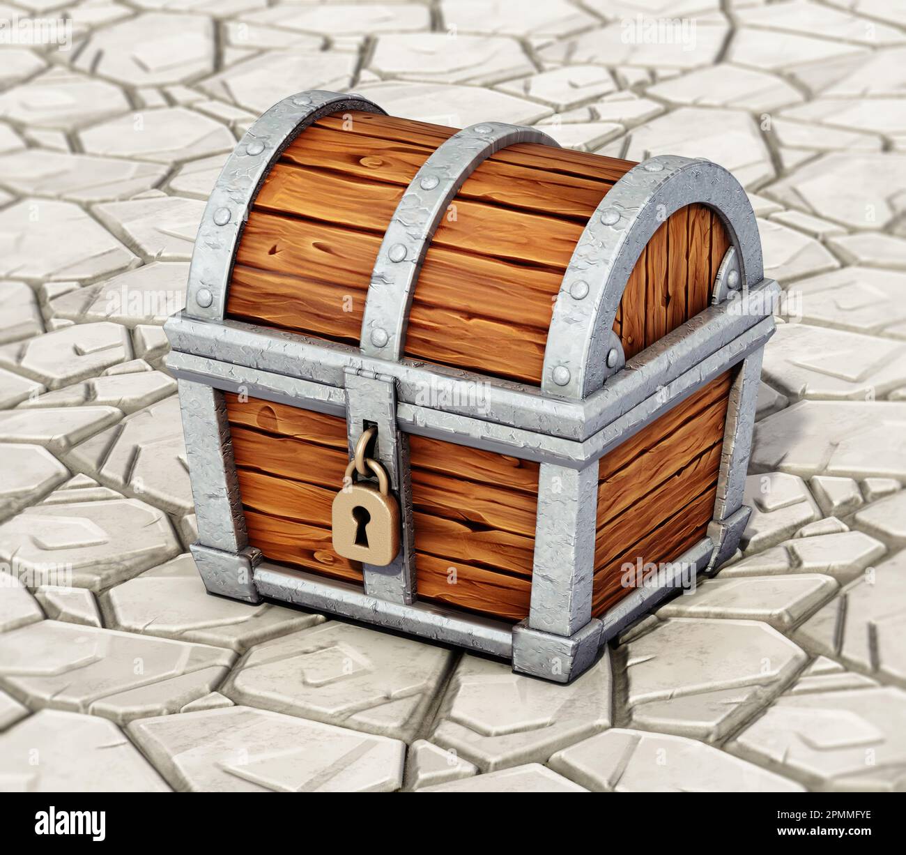 Cartoon treasure chest standing on stone floor. 3D illustration Stock