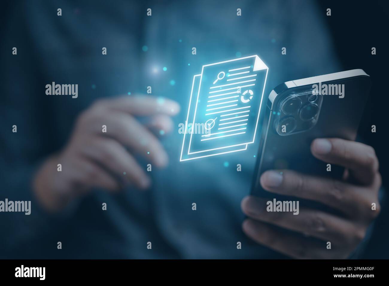 document paper icon showing on smartphone technology virtual screen Stock Photo