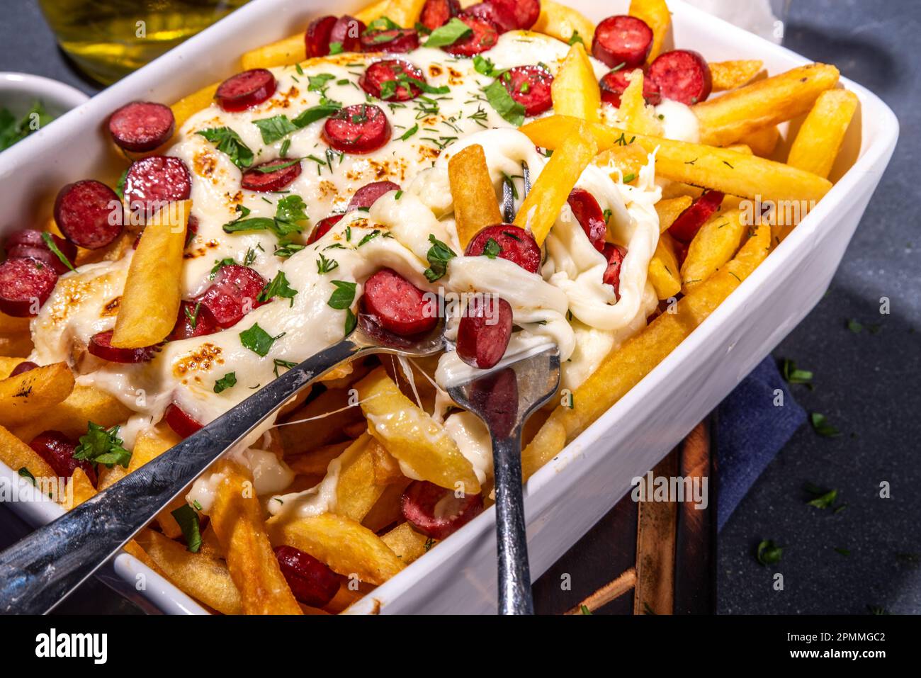 Pizza loaded french fries. Homemade Pepperoni and Cheese Pizza French