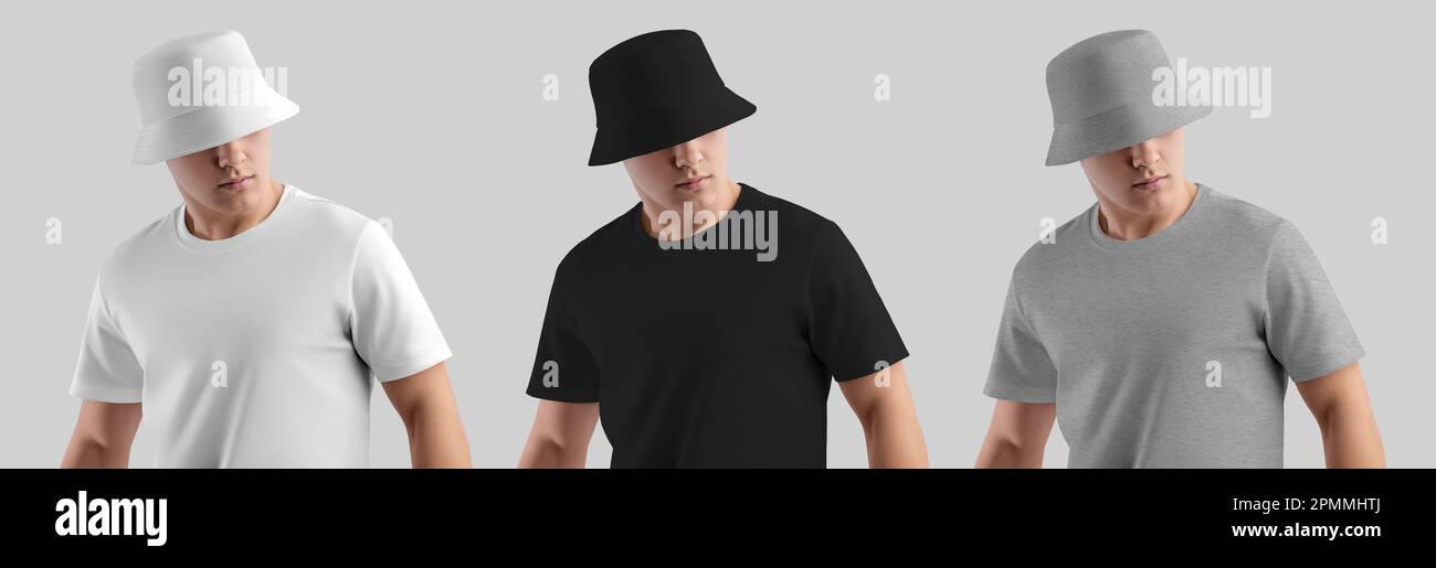 Mockup of white, black, heather panama for sun protection, men's hat, for design, print, branding. Set of headdress, isolated on background. Fashion a Stock Photo