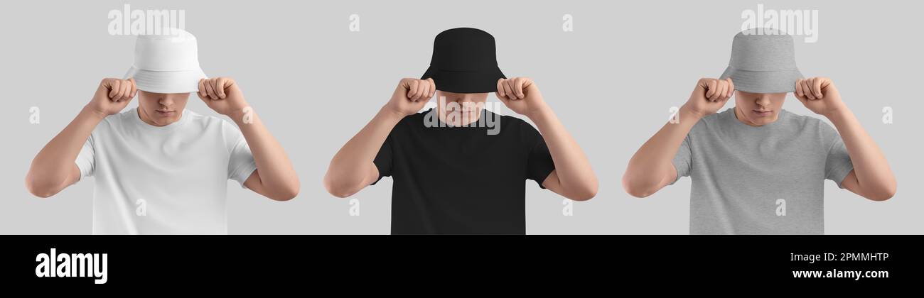 Mockup of white, black, heather panama on guy, straightens hat brim, isolated on background. Set of fashion headwear, universal accessory for design, Stock Photo